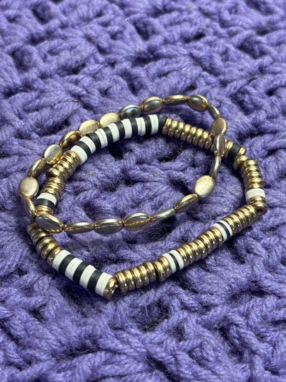 Set of 2 Beaded Stretchy Bracelets Goldtone Black White
